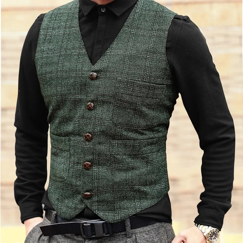 Gilets de costume pour hommes marron noir gris gilet style punk blazer gilet homme plaid steampunk veste rayé tweed col en v coupe slim veste de mariage vêtements