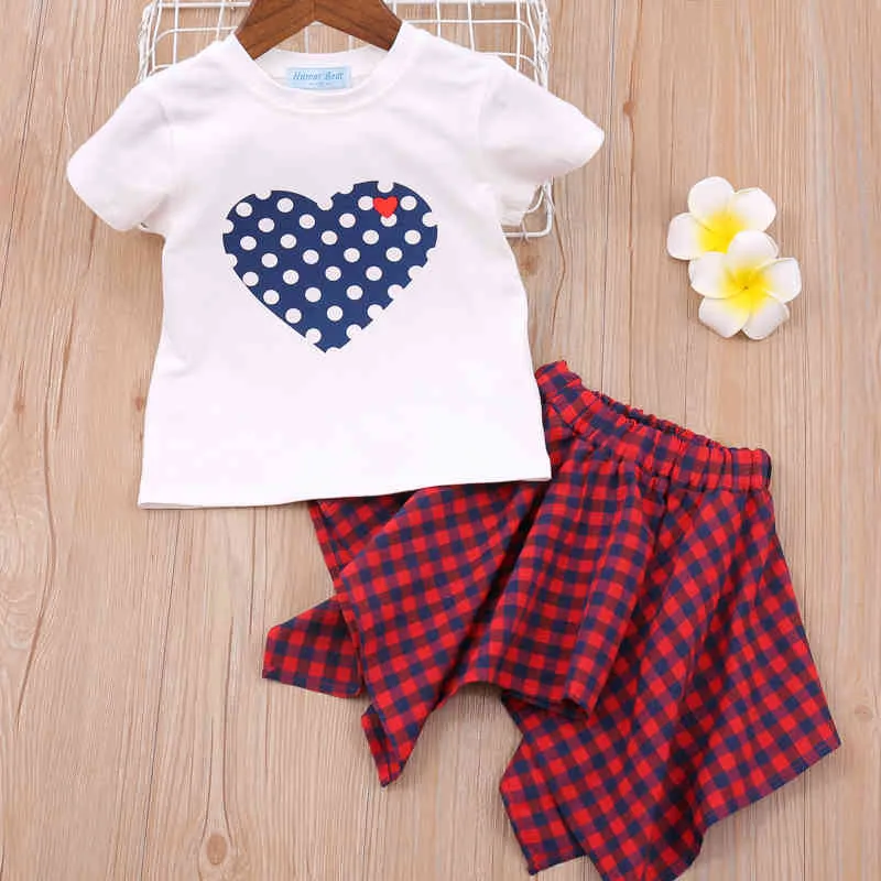 Meisje set zomer cartoon liefde t-shirt + plaid jurk 2 stks kinderen baby meisjes kinderkleding 210515