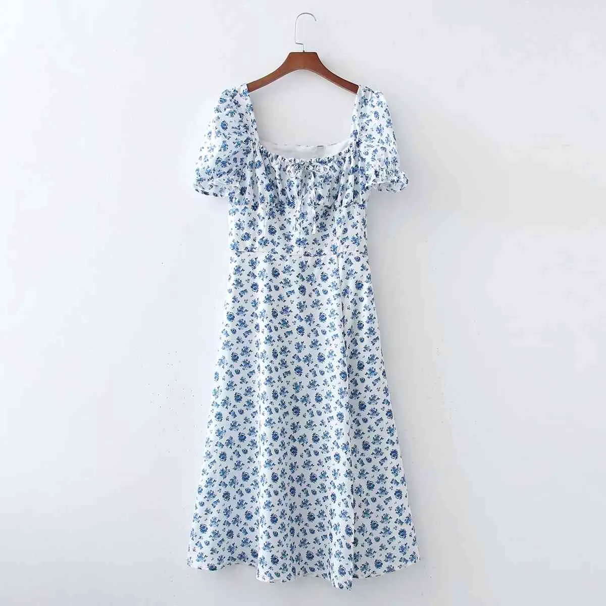 Kwiatowy Drukuj Sukienka Robe Kobiety Boho Szlifierki Maxi Długa Dress Vintage Beach Sukienka Puff Sleeve A-Line Blue Sundress 210415
