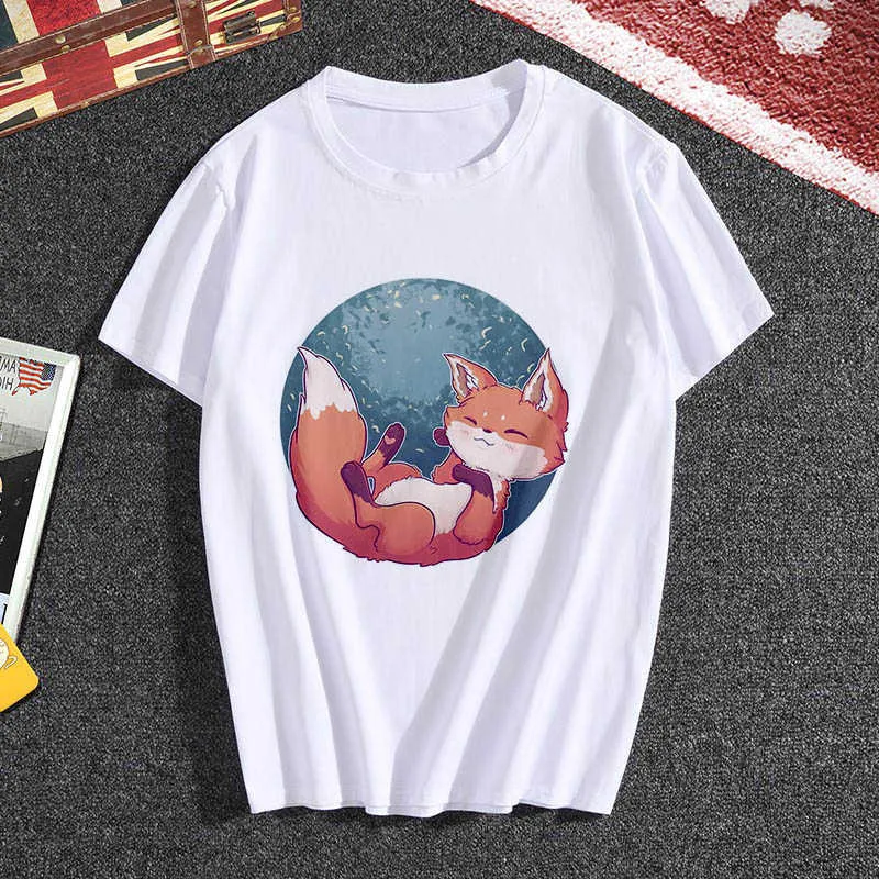 2020 new kawaii fox printed T shirt Women hipster cute T-shirt female Fashion seasons Harajuku white 0-neck tops Tshirt clothing X0628