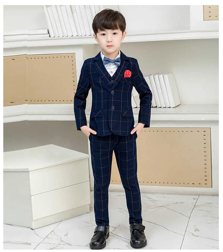 Marinho azul tweed xadrez meninos ternos 3 peças definir crianças no casamento maça de casamento blazer oversize kids formal tuxedo jaqueta calças colete x0909