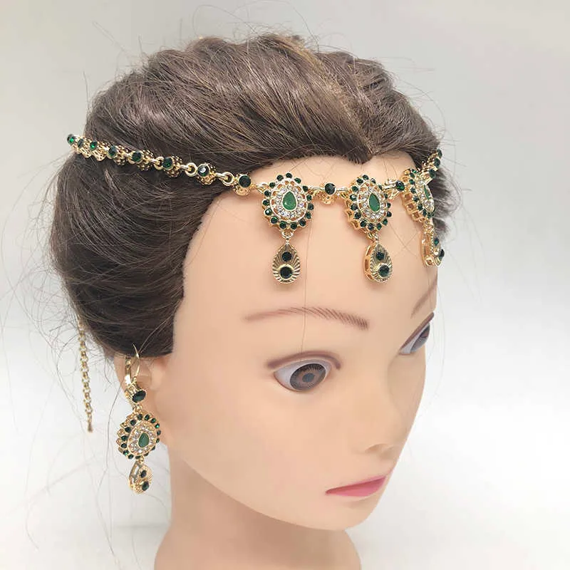 カラフルなクリスタルの結婚式のヘアアクセサリーのモロッコの手作りのジュエリー女性ゴールドヘッドピースジュエリーセットヘッドチェーンとイヤリングH1022