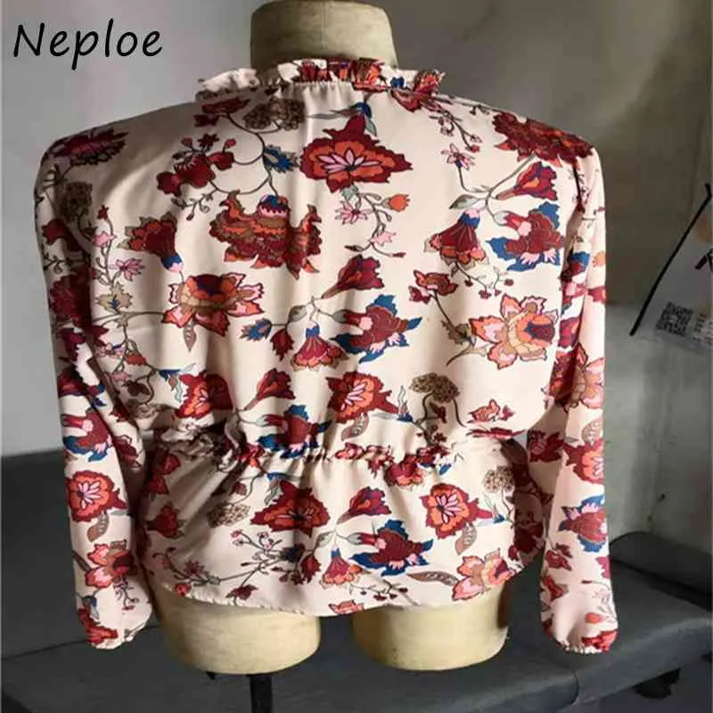 Neploe Eleganta Ruffles Patchwork Loose Blouse Women V Neck Långärmad Pullover Blusas Spring Sälj Well Shirt Wild OL 210510