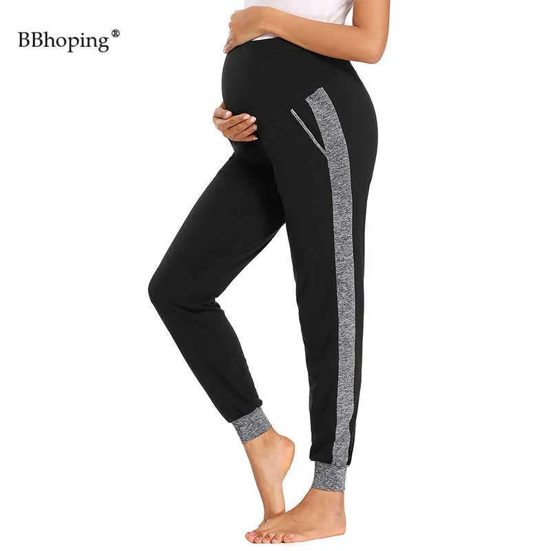 Damkläder Maternity byxor Lätta joggare med fickor Graviditetsövning Running Elastic Waist 210918