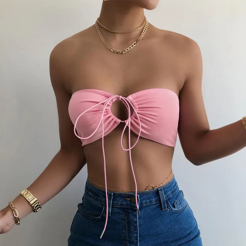 Kadın Kırpma Tops Seksi Pembe Korse Üst Bandaj Kolsuz Wrap Tankı Yaz Giysileri Kızlar için Kawaii Camis Halter Giyim 210517