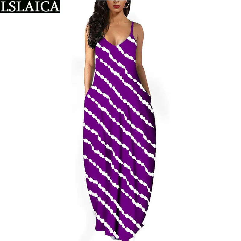 Ladies Clothes Tie Dye Gradient Diagonal Stripe Printed Deep V Neck Sling Dress Floor-Length Casual A-Line Women 210515