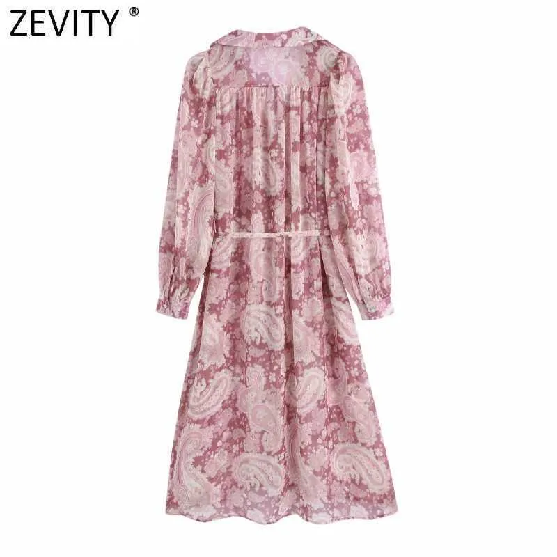 Zevity femmes Vintage noix de cajou imprimer côté fendu en mousseline de soie chemise robe femme Chic Totem Floral ceintures affaires Vestido DS8273 210603