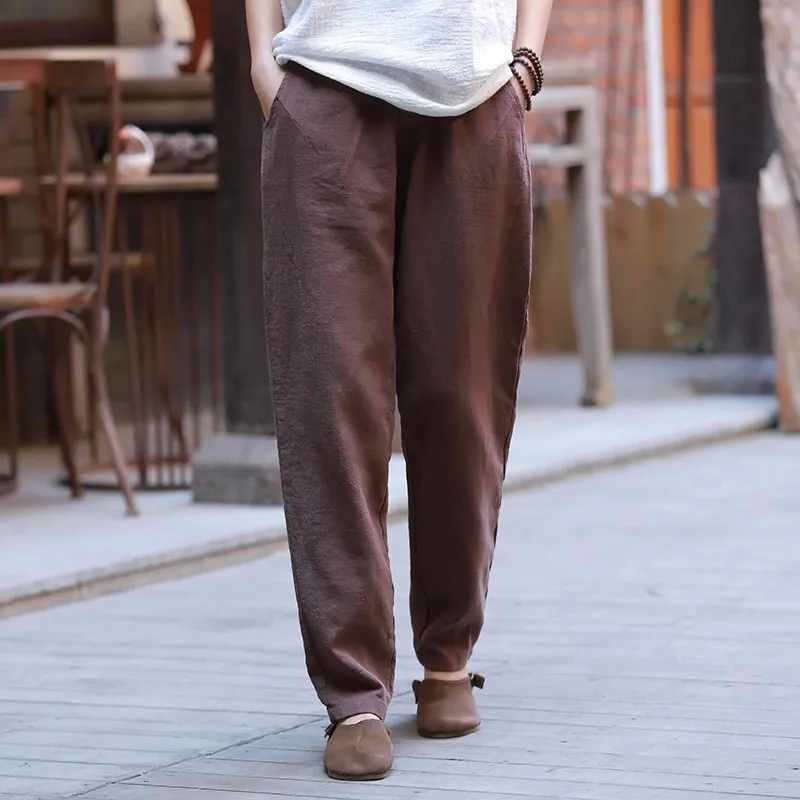 Johnature estilo casual algodão linho elástico cintura mulheres tornozelo calças de comprimento primavera verão sólido casual mulheres calças 210521