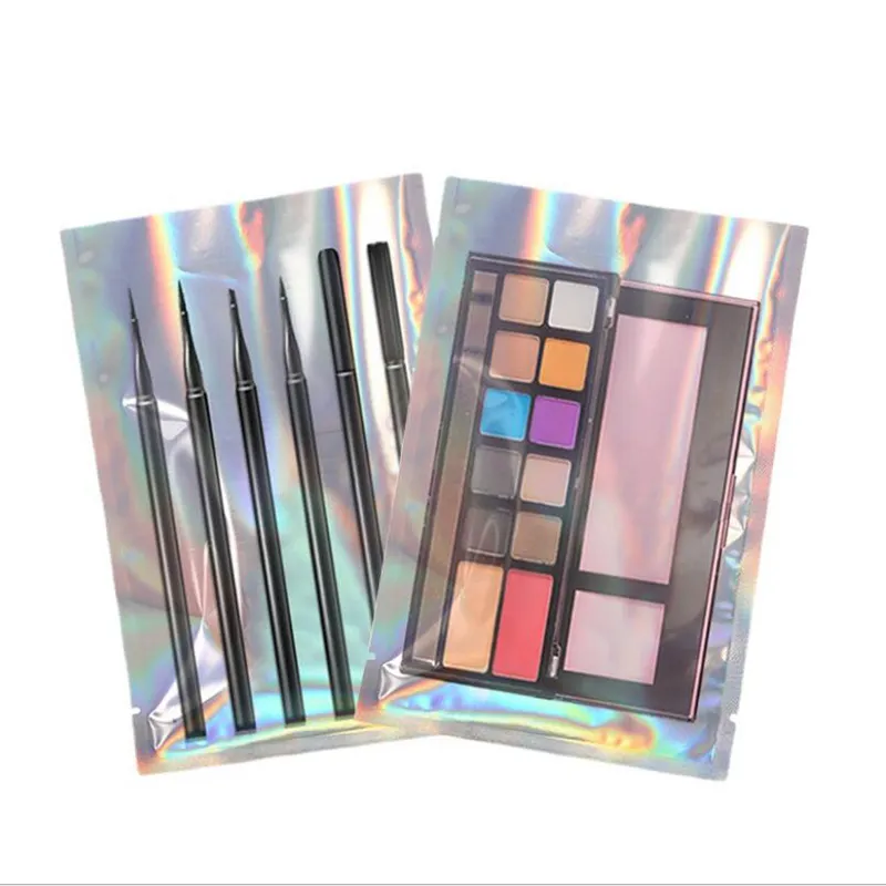 Fashion Open Top Clear Front + Holographic Back Packaging Bags Women Eyelash Brush Eyeshadow Box Cosmetic Storage Pouches