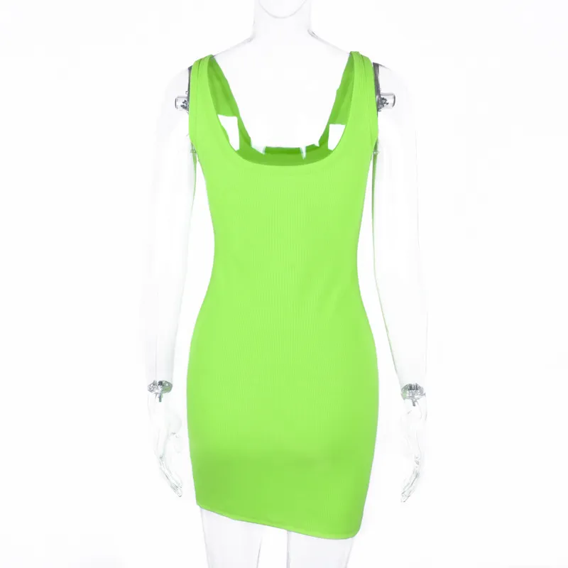 Mulheres sem mangas Tanque Vestidos Neon Verde Verão Mini Bodycon Street Knit Elastic Casual Slipny Solid Vestidos desgaste 210517