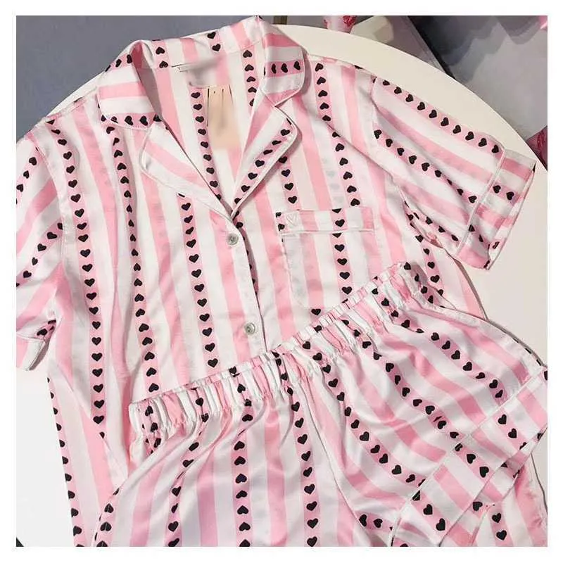 Sommer Pijama Kurze Pyjamas Rosa Seide Satin Nachtwäsche Set Schlaf Tops Hosen Herz Lounge Wear Pjs Loungewear Hause Kleidung 210809