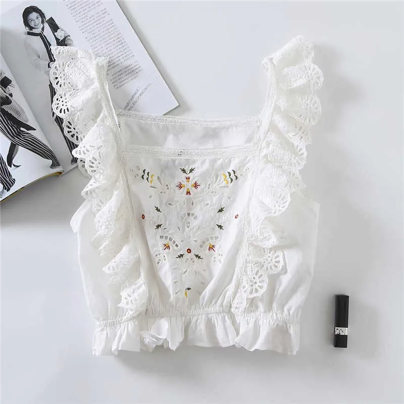 ZA Floral brodé blanc Blouse femmes sans manches dentelle Applique hauts à volants mode ajouré broderie été chemise 210602