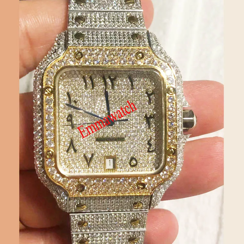 Orologio in oro rosa misto argento zirconi con diamanti numeri romani lusso MISSFOX quadrato meccanico da uomo orologi completamente ghiacciati Cub329q