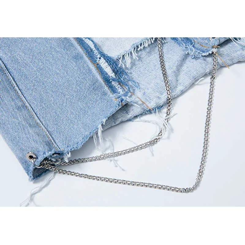 [Дикс] Женщины летняя мода свободная высокая талия сплошной цвет двойной цепи личности джинсовые шорты 13Q451 210527