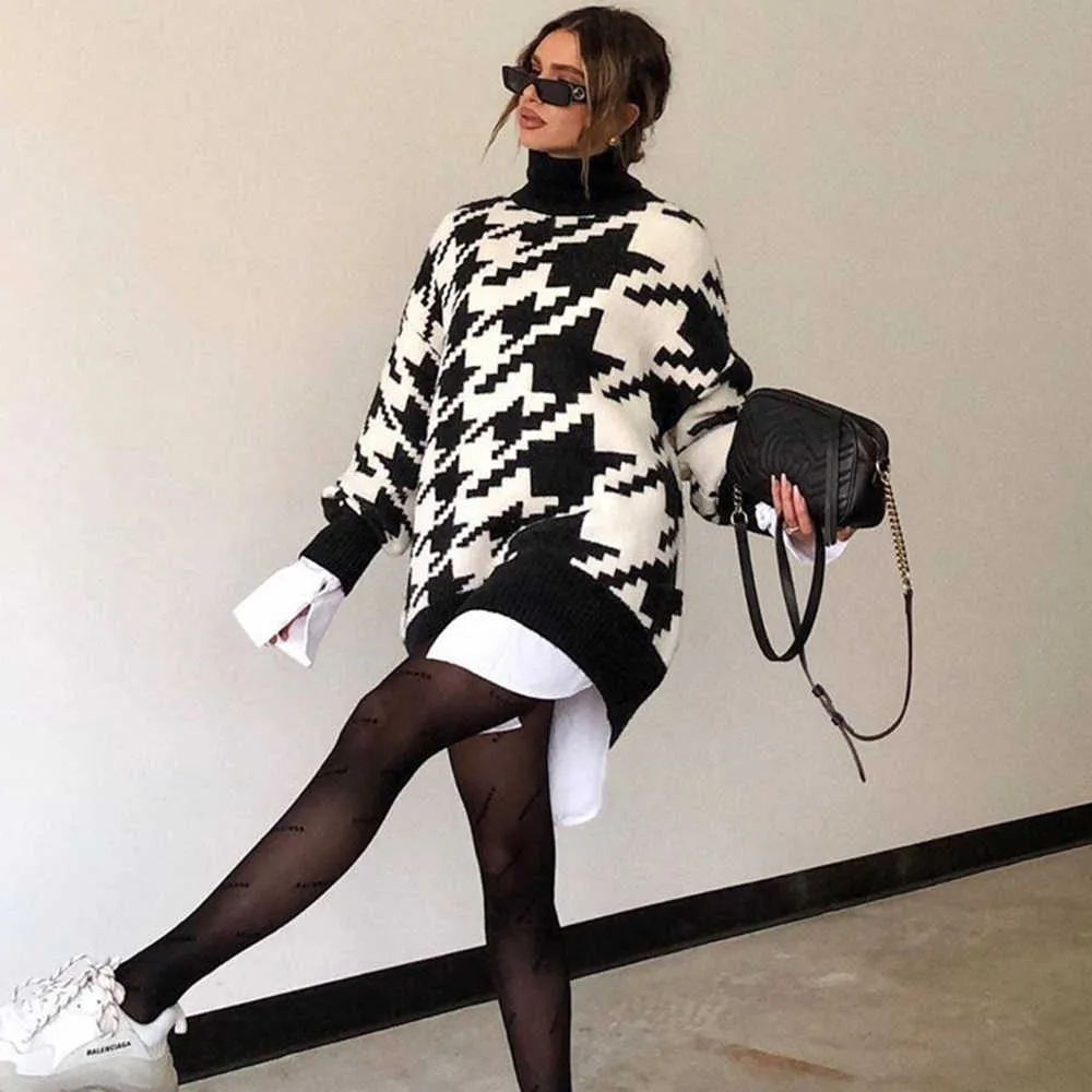 Long Sweater Dress Autumn Winter Fashion Houndstooth Black Turtleneck Sleeve Knit Pullover Tops Clothes For Women Fall 211011