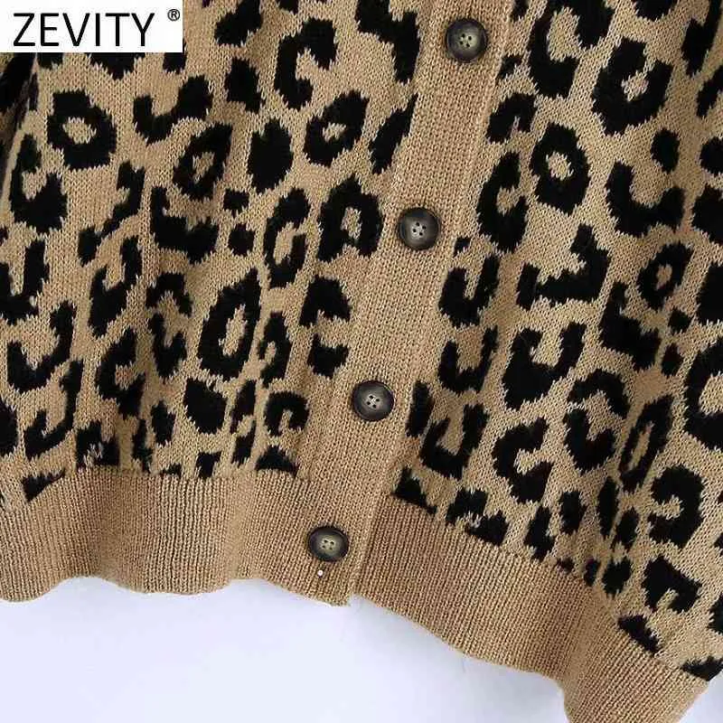 Mujeres Vintage V Cuello Leopardo Estampado Cardigan Suéter de punto Mujer Chic Manga larga Single Breasted Slim Tops S616 210420