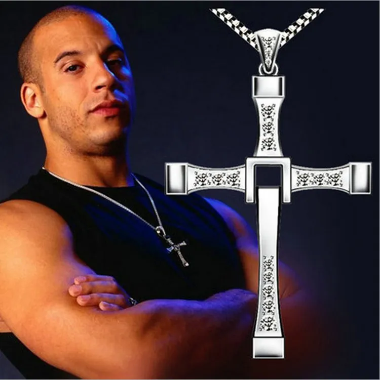 Herren-Halskette mit Anhänger aus Edelstahl, The Movie Fast and Furious, CZ-Kristall, christliches Jesus-Kreuz mit einer Rolo-Kette306B
