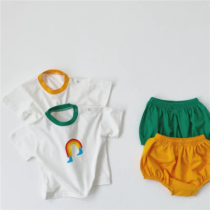 Rainbow Krótki rękaw Top T-shirt + Szorty Fart Hit Color Baby Clothing Dwuczęściowy garnitur Summer Born Romper 210515