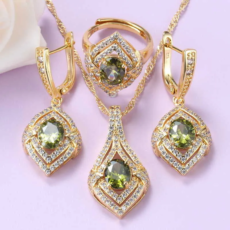 11.11 Sale Olive Green Cubic Zirconia Gold-Plated Jewelry Sets African For Women Necklace And Bracelet Sets H1022