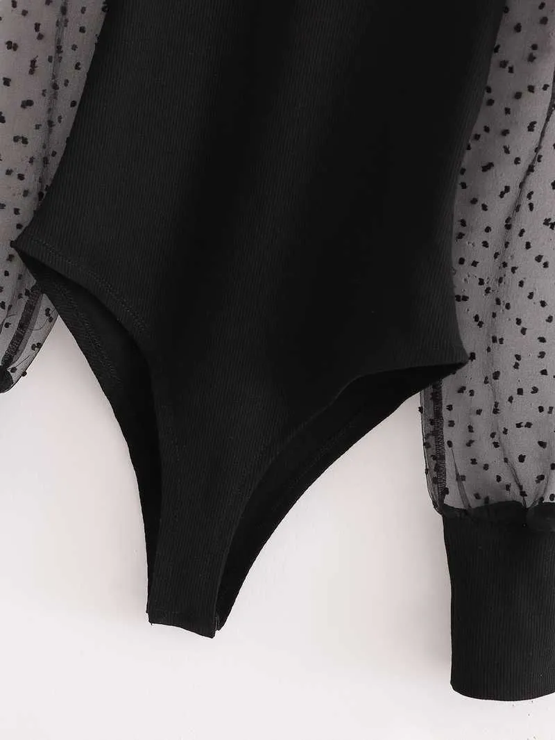 Sexy femmes Body printemps mode manches transparentes Patchwork Stretch tricot corps moderne dame maigre noir ensemble 210602