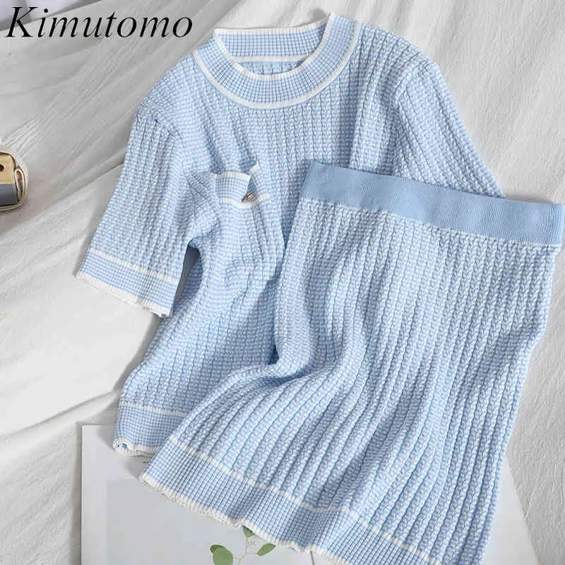 Kimutomo Wiosna Letnia Knit Suit Korean O Neck Kieszonkowe Topy + Wysokiej Talii Kontrast Kolor Mini Spódnica Dwuczęściowy Zestaw Kobiet 210521