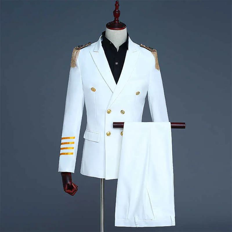 Captain Officer Sailor Peacoat Costume Mens Blazer Suit Military Fringe Marching Band Jacket Uniform For Adult Coat Pants X0909