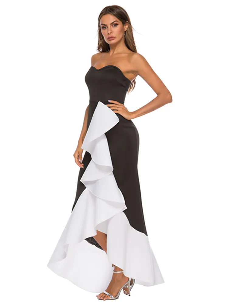 Femme Party Tube Tops Robe Maxi Sexy Ruffle Patchwork Noir Couleur de contraste blanc Elegant Célébreur Dîner Bodycon Robes 210416