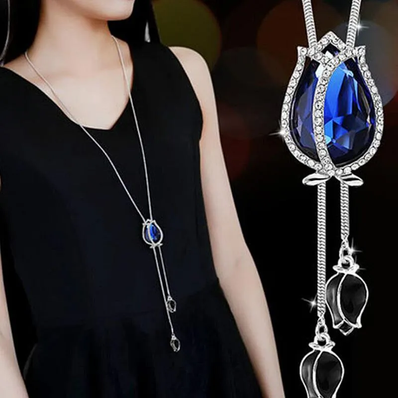 Colares pendentes Ravimour grande gargantilha Kolye Crystal Opal Declaração pingentes Tulip Flower Tassel Chain Chain Colar Jewelr260H