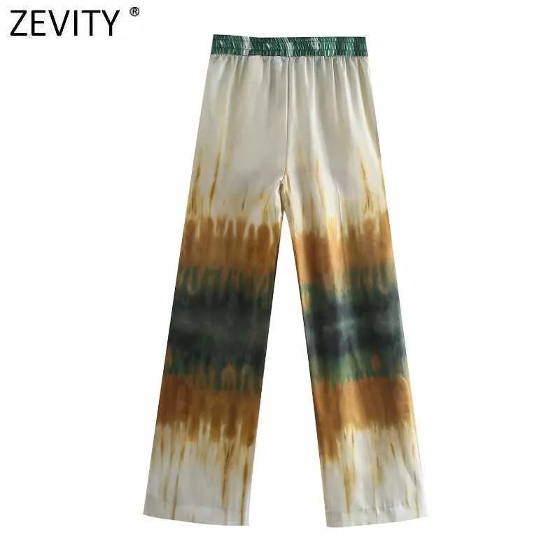 Zevity Women Vintage Color Match Tie Dyed Print Casual Straight Pants Femme Chic Elastic Waist Pocket Summer Long Trousers P1136 210603