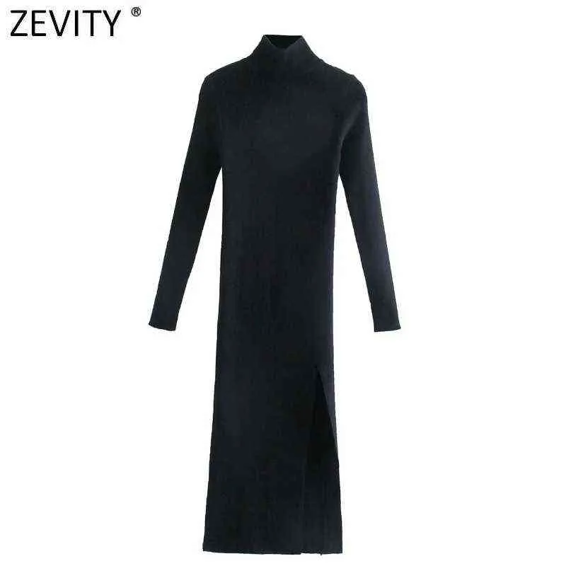 Zevity Womenファッションタートルネック襟のソリッドハイスプリットニットスリムMIDIドレス女性シックな長袖パーティーVestidos DS9037 G1214