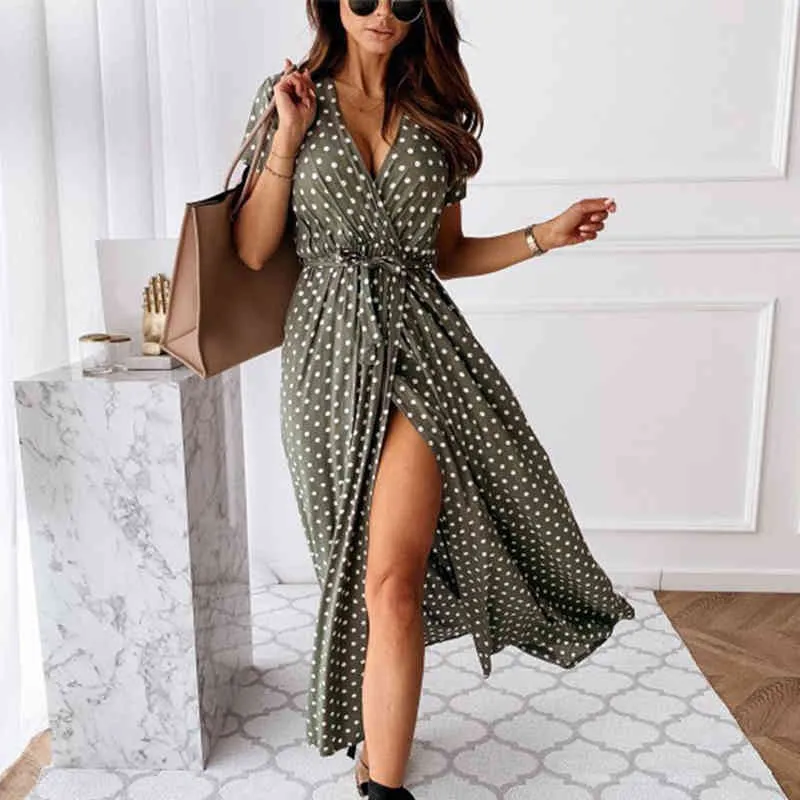 Frauen Kleider Sommer 2021 Mode Polka Dot Split Boho Kleid Frauen Kleidung Freizeit Strand Urlaub Lange Kleider Vestido de Mujer x0521