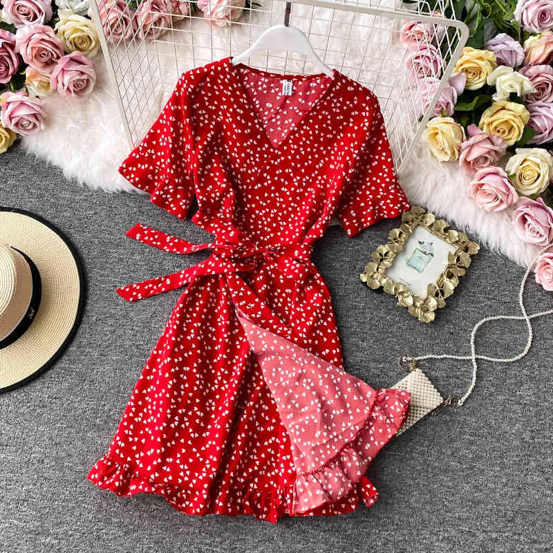 Koreański Czerwony Elegancka Seksowna Dress Kobiety Summer Beach V-Neck Print Mini Dress Waist Ruffles Chffion Dress Vestidos 210514