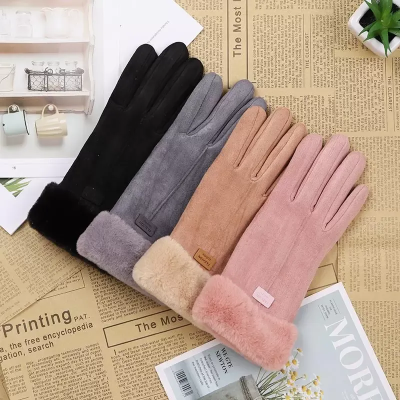 Cinq doigts Gants Mode Femmes Automne Hiver Mignon Fourrure Chaud Mitaines Plein Doigt Mitaines Sport En Plein Air Écran Tactile