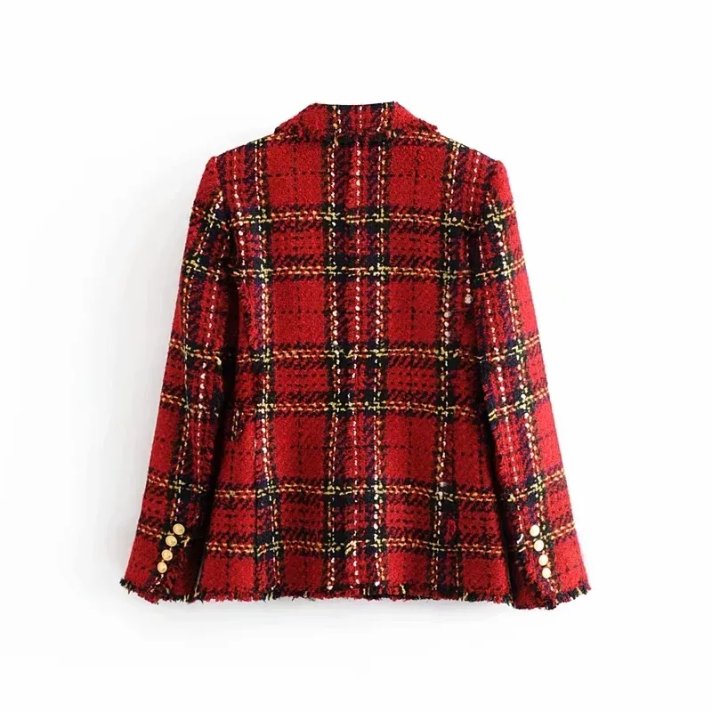 Winter Vintage roter Tweed-Blazer Damen karierter Mantel Vintage dicker Büroanzug Jacke Sprint Damen Blazer und Jacken 210330