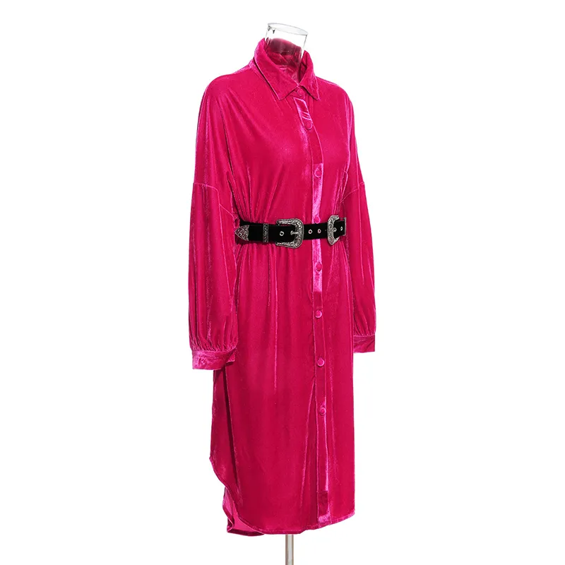 [EAM] Женщины Vintage Velor Red Tourisure Длинные платья отворота рукава свободная подходящая мода весна осень 1DD2366 210512