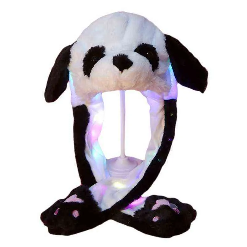 Świecąca pluszowa czapka zwierzęca z ruchomymi uszami Cartoon Bunny Panda LED Czapka z daszkiem X5XA Y21111