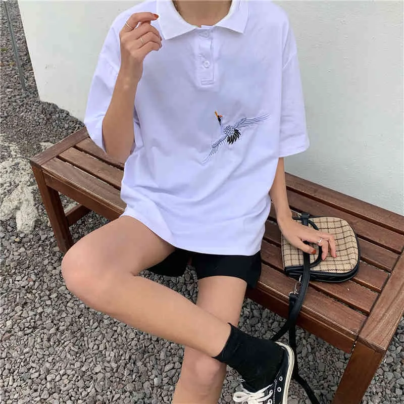 Sale Girls Embroidery Streetwear Cute All Match Short Sleeves Korean Sweet Brief Lapel Chic T-Shirts 210525