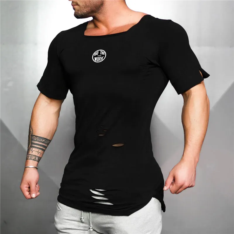 Marque Vêtements Nouveau Summer Fashion T-shirt Hommes Ripped Hole Fitness T-shirt Gyms Manches courtes Solid Slim Fit Tshirt 210421