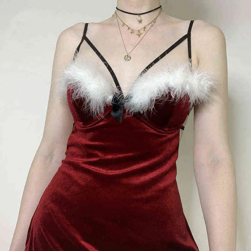 WJJDFC Рождественская вечеринка платье Новый модный рождественский стиль бантик пушистый подвесница платье привязано спину полая сексуальная короткая юбка Y1204