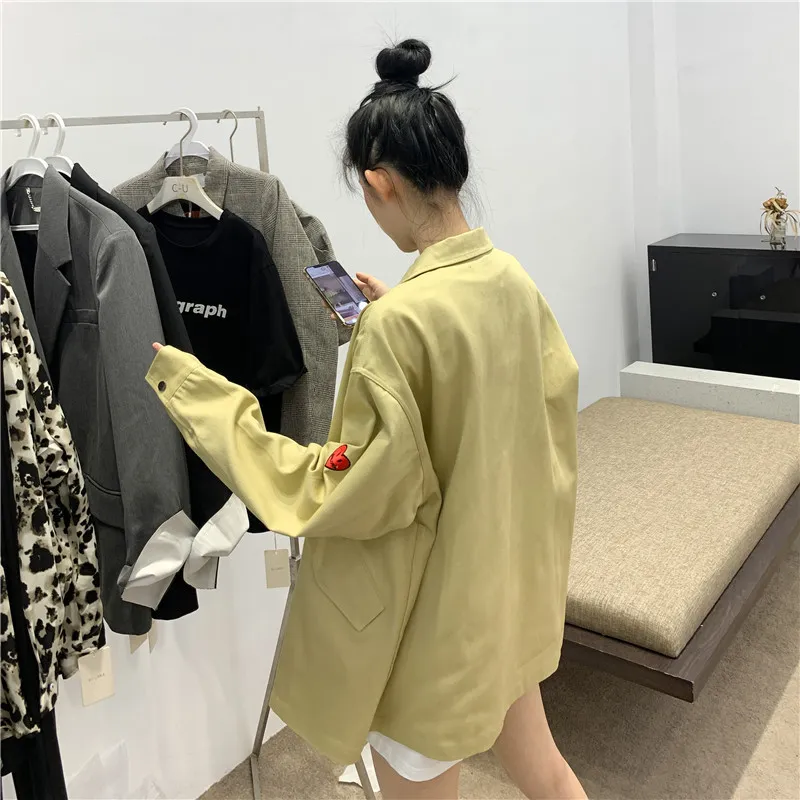 KIMUTOMO Casual Dames Jas Korea Safari Stijl Dames Hart Borduurwerk Turn-Down Collar Single Breasted Black Tops Streetwear 210521