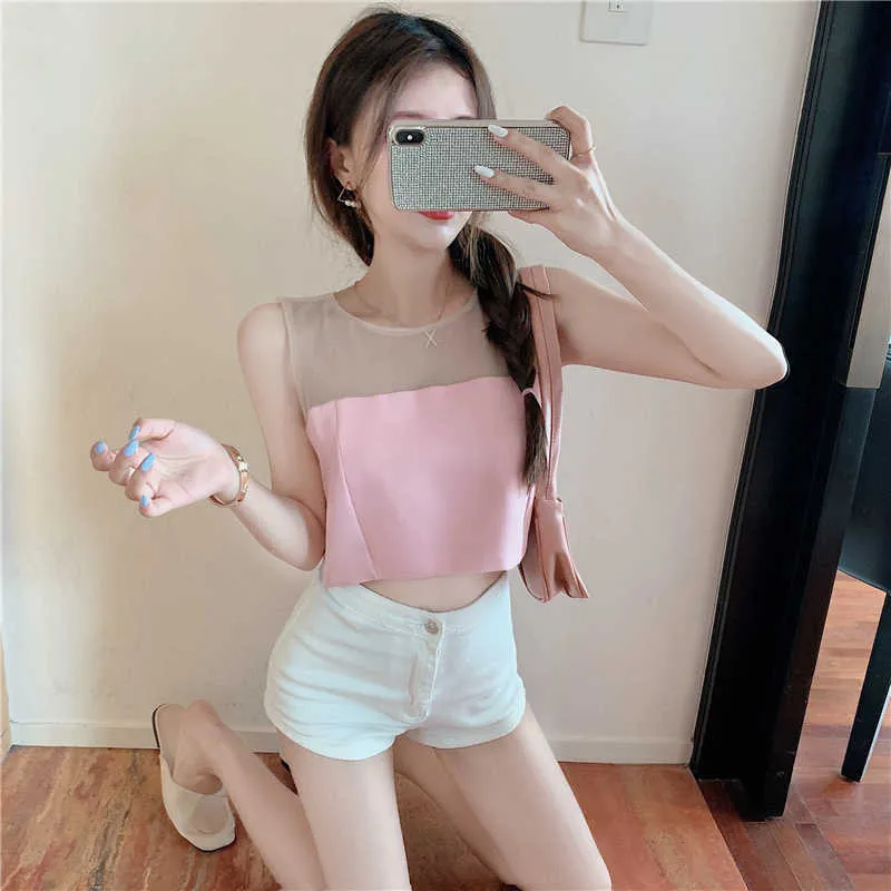 Zomer Chic Koreaanse O Hals Mouwloze Backless Bow Mesh Tshirts Dames Patchwork Mode Sexy Crop Tops Holle Zoete Elegante 210610