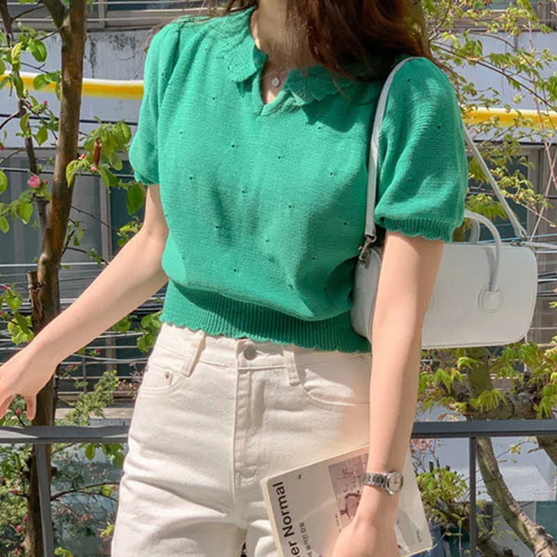 Korejpaa T-shirt da donna estiva Corea Chic che riduce l'età colore caramella scollo in pizzo allentato taglio corto manica a sbuffo cava top in maglia 210526