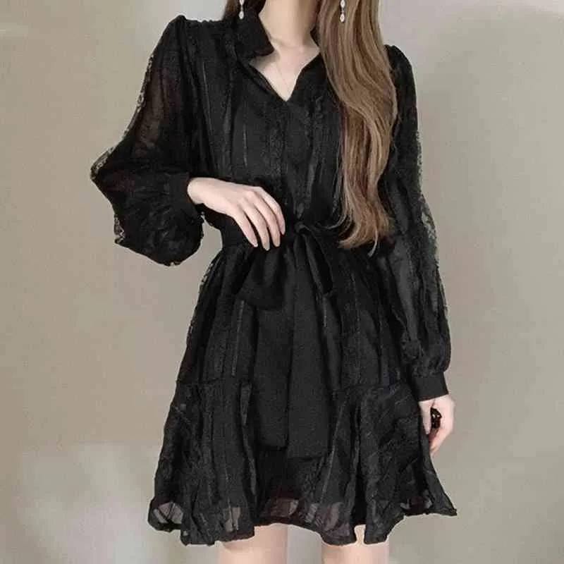 Kimutomo Katı Vintage Elbiseler Kadınlar Zarif Fransız Tarzı Bahar V Yaka Uzun Kollu Ince Bel Vestido Chic Korece 210521