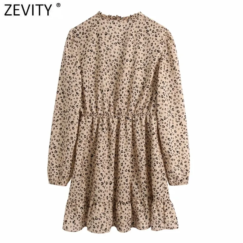 Kobiety Vintage V Neck Leopard Drukuj Hem Ruffles Mini Sukienka Femme Rękaw Puff Rękaw Pleat Vestido Chic Dresses DS5073 210420