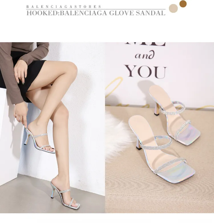 2021european and American Spring and Summer Slippers Rhinestone Square Toe Mid-High Heel Sandals Flip-Flops