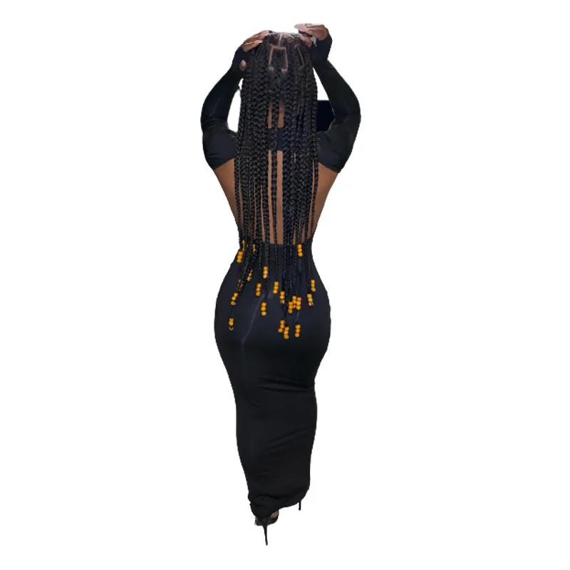 Alle schwarzen klassischen Mode sexy Midi-Kleider für Frauen Party Nachtclub rückenfrei aushöhlen Langarm Vintage Casual Dress 210525