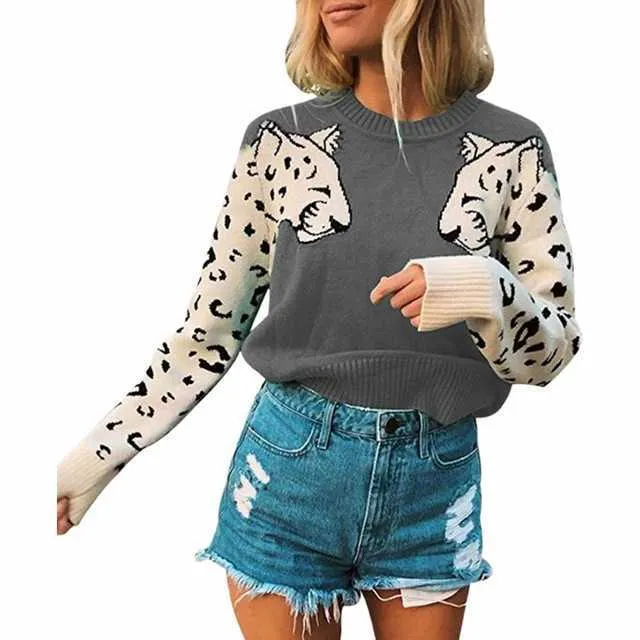 Herbst Winter Leopard Frauen Pullover Oversize Strickwaren Frauen Pullover s Grün Casual Weibliche Gestrickte Jumper 210604