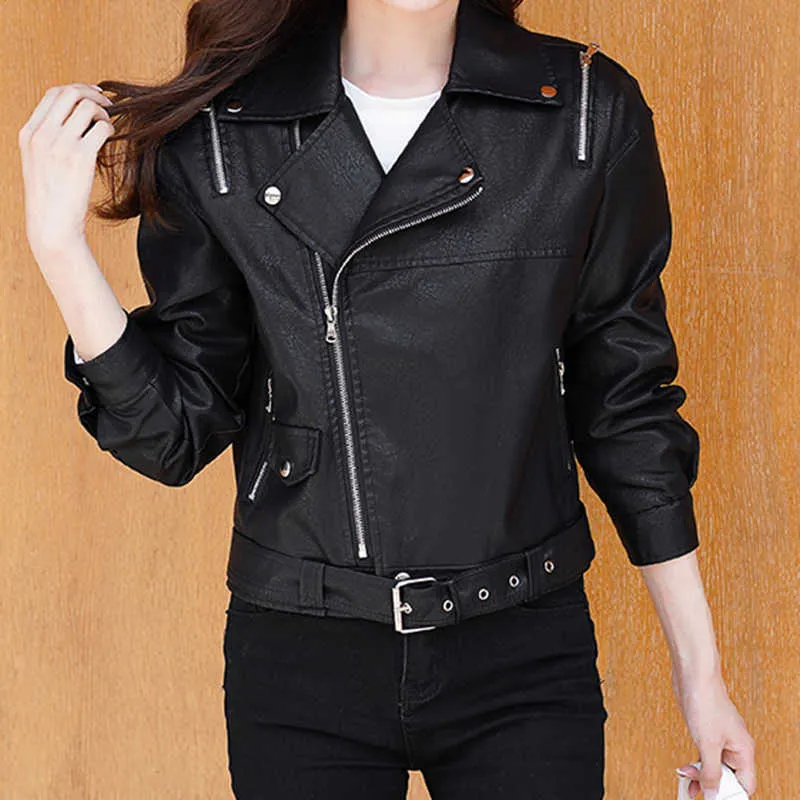 Aelegantmis Chaqueta de cuero de imitación recortada Mujeres con cinturón Coreano suelto Vintage Negro Motocicleta PU Casual Outwear es 210607
