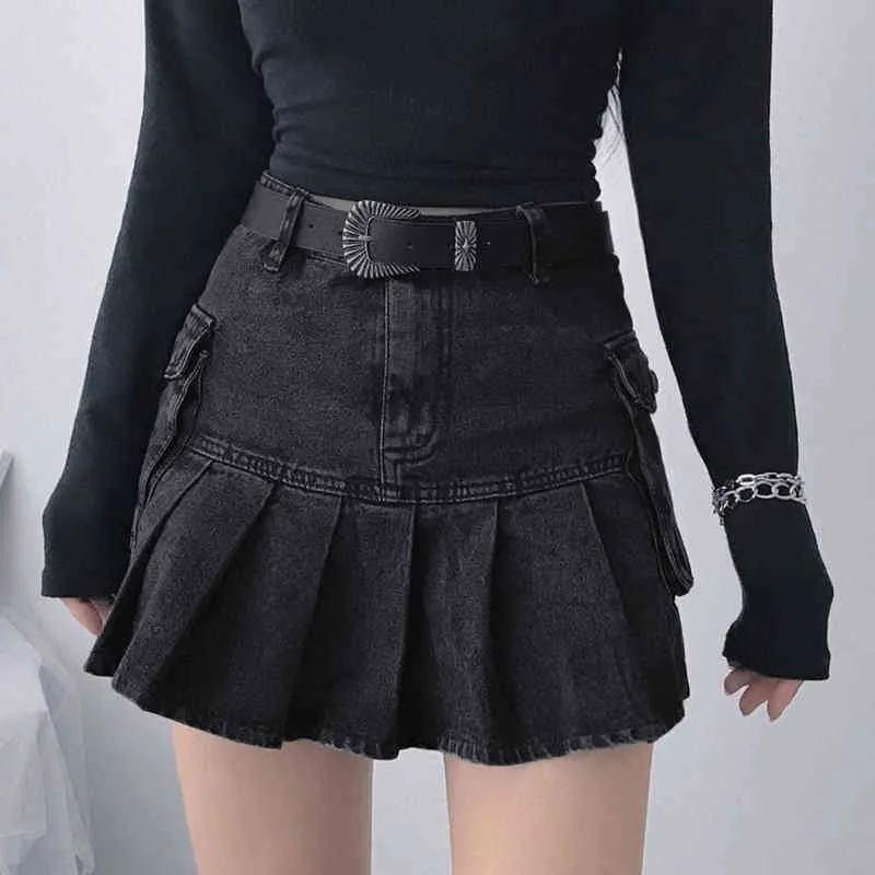 Jeans noirs jupes taille haute jupes plissées pour femmes nouvelle mode d'été courte Cargo Denim jupe Streetwear Saia bas 210415