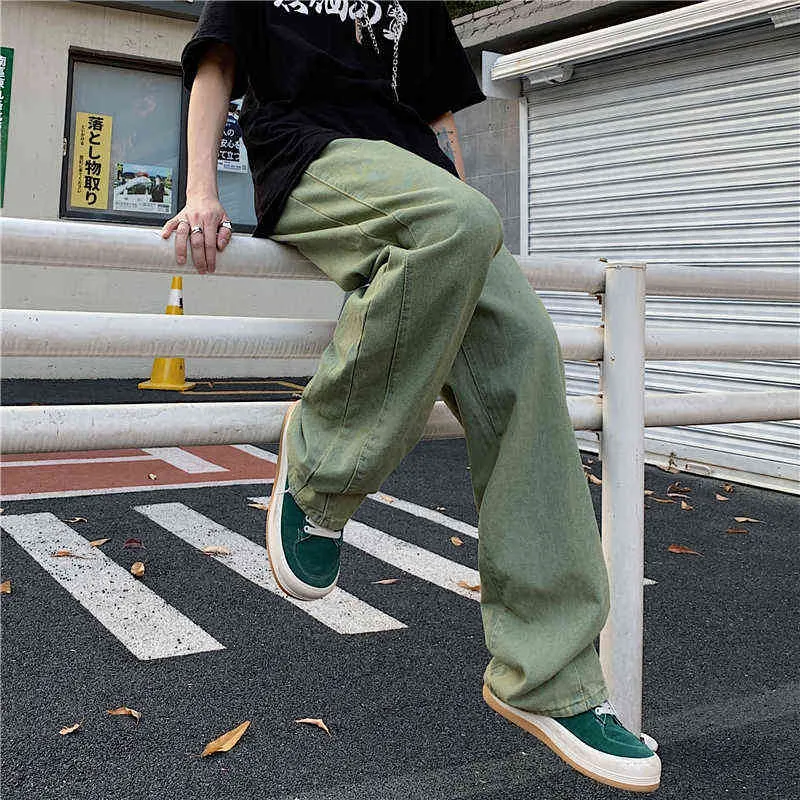 Harajpoo Coppia Pant Primavera Autunno Coreano INS Trendy Hip-Hop High Street Allentato Dritto Diffuso Casual Tinta unita Jeans 211129